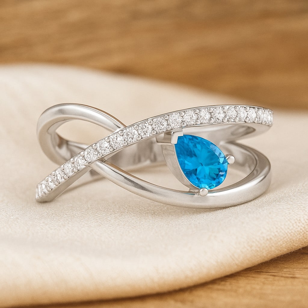 Natural Swiss Blue Topaz Gemstone & Lab Grown Diamonds Silver Ring: Natural Swiss Blue Topaz Gemstone & Lab Grown Diamonds Silver Ring Jewelry Type : Ring Gemstone : Natural Swiss Blue Topaz Gemstone Shape : Pear Gemstone Size : 6x4 MM Gemstone Quantity : 1 Piece</