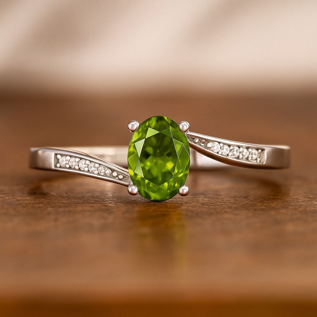 Natural Peridot Gemstone & Lab Grown Diamonds Silver Ring (1 of 7)