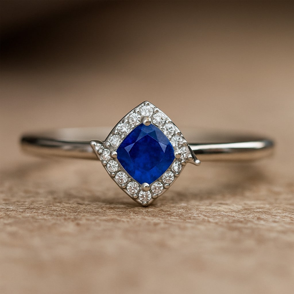 Natural Blue Sapphire Gemstone & Lab Grown Diamonds Silver Ring: Natural Blue Sapphire Gemstone & Lab Grown Diamonds Silver Ring Jewelry Type : Ring Gemstone : Natural Blue Sapphire Gemstone Shape : Cushion Square Gemstone Size : 4 MM Gemstone Quantity : 1 Piece