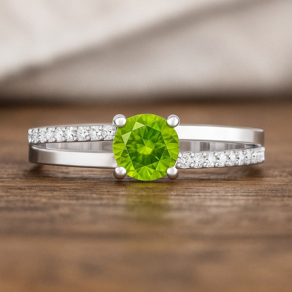 Natural Peridot Gemstone & Lab Grown Diamonds Silver Ring: Natural Peridot Gemstone & Lab Grown Diamonds Silver Ring Jewelry Type : Ring Gemstone : Natural Peridot Gemstone Shape : Round Gemstone Size : 6 MM Gemstone Quantity : 1 Piece Diamond Type