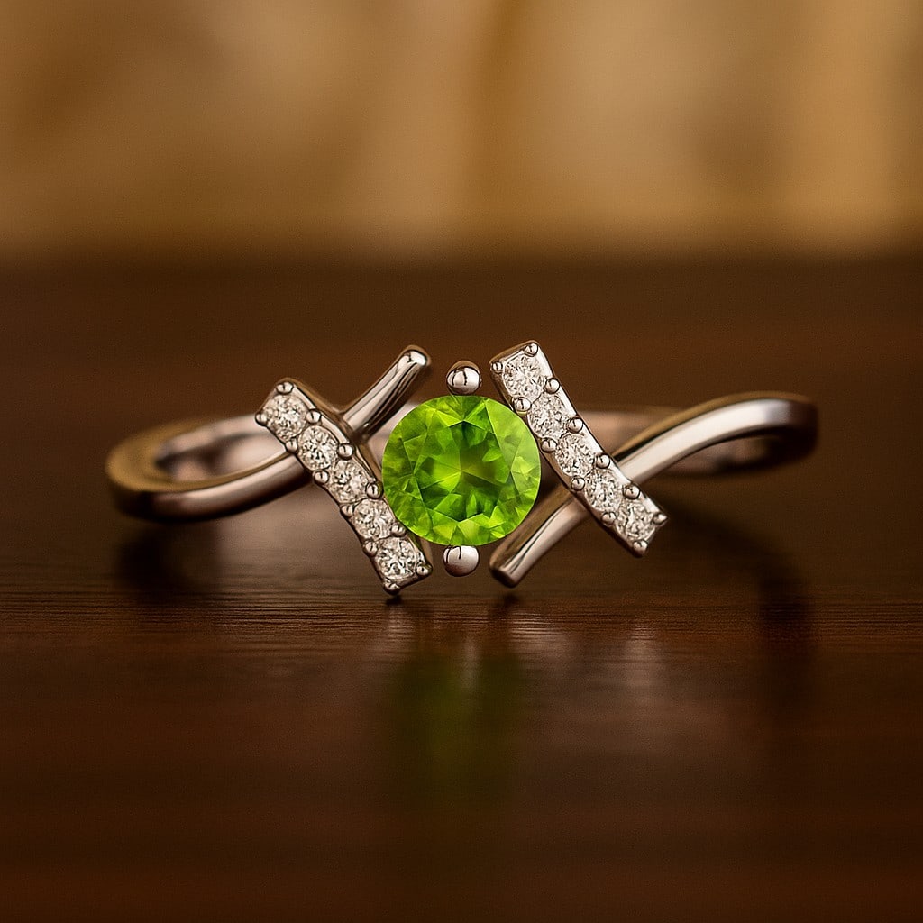 Natural Peridot Gemstone & Lab Grown Diamonds Silver Ring: Natural Peridot Gemstone & Lab Grown Diamonds Silver Ring Jewelry Type : Ring Gemstone : Natural Peridot Gemstone Shape : Round Gemstone Size : 4.5 MM Gemstone Quantity : 1 Piece Diamond Typ