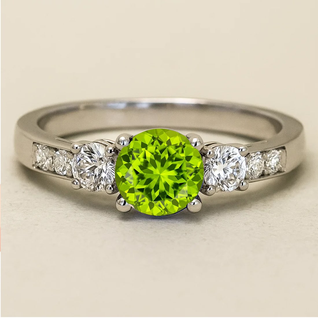 Natural Peridot Gemstone & Lab Grown Diamonds Silver Ring (1 of 7)