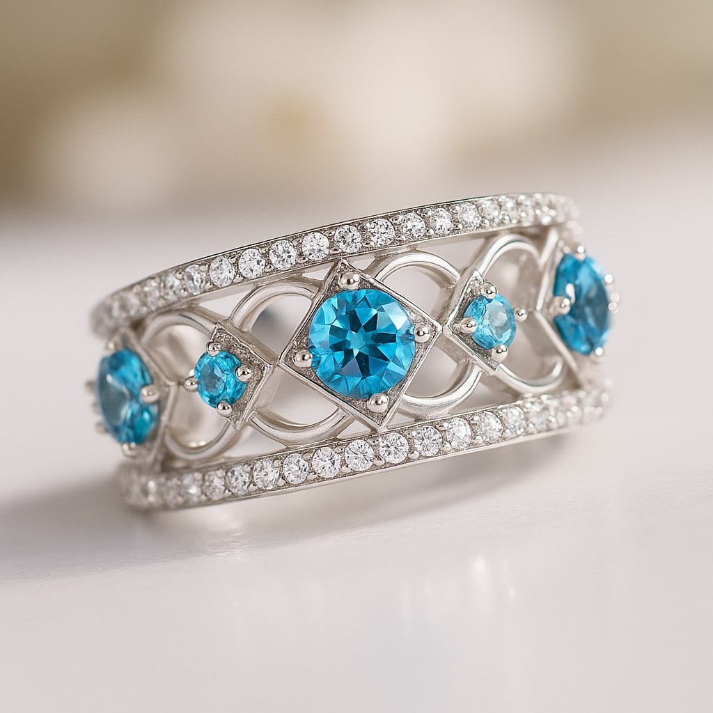 Natural Swiss Blue Topaz Gemstone & Lab Grown Diamonds Silver Ring: Natural Swiss Blue Topaz Gemstone & Lab Grown Diamonds Silver Ring Jewelry Type : Ring Gemstone : Natural Swiss Blue Topaz Gemstone Shape : Round Gemstone Size : 4 MM, 2.5 MM Gemstone Quantity : 3