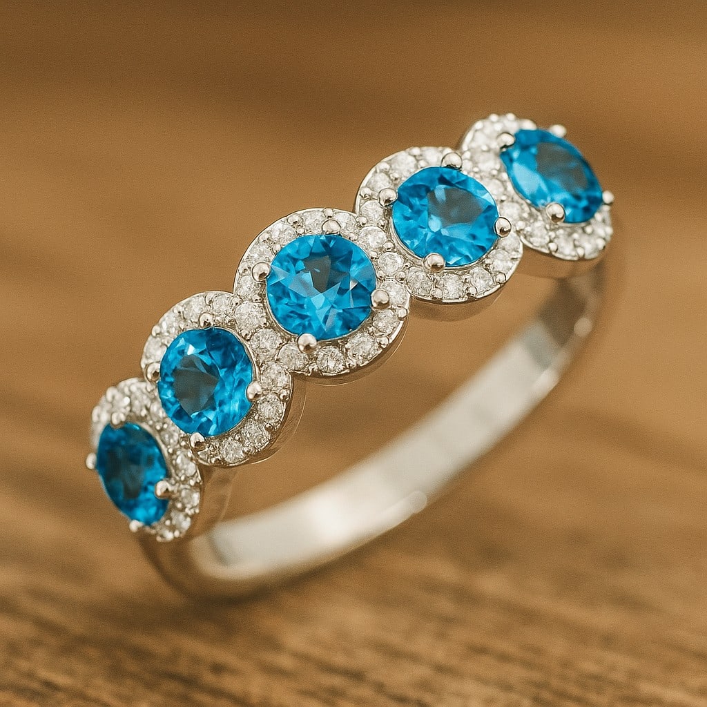 Natural Swiss Blue Topaz Gemstone & Lab Grown Diamonds Silver Ring: Natural Swiss Blue Topaz Gemstone & Lab Grown Diamonds Silver Ring Jewelry Type : Ring Gemstone : Natural Swiss Blue Topaz Gemstone Shape : Round Gemstone Size : 4 MM Gemstone Quantity : 5 Pieces</