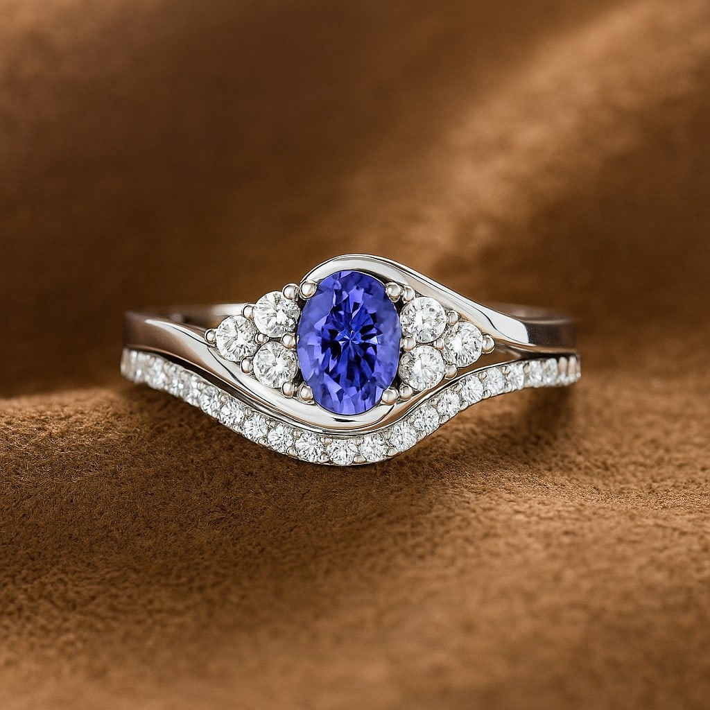 Natural Tanzanite Gemstone & Lab Grown Diamonds Silver Ring (1 of 7)