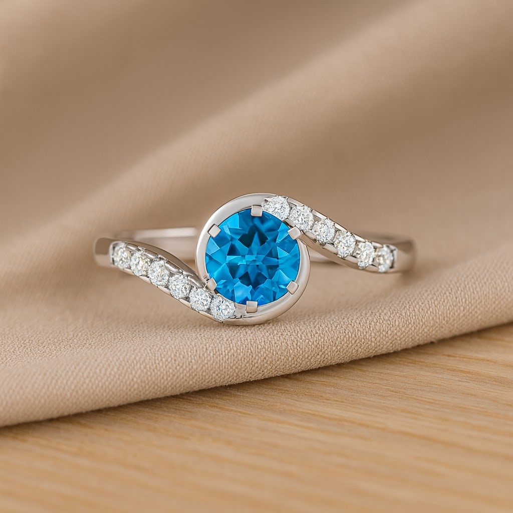 Natural Swiss Blue Topaz Gemstone & Lab Grown Diamonds Silver Ring: Natural Swiss Blue Topaz Gemstone & Lab Grown Diamonds Silver Ring Jewelry Type : Ring Gemstone : Natural Swiss Blue Topaz Gemstone Shape : Round Gemstone Size : 6 MM Gemstone Quantity : 1 Piece