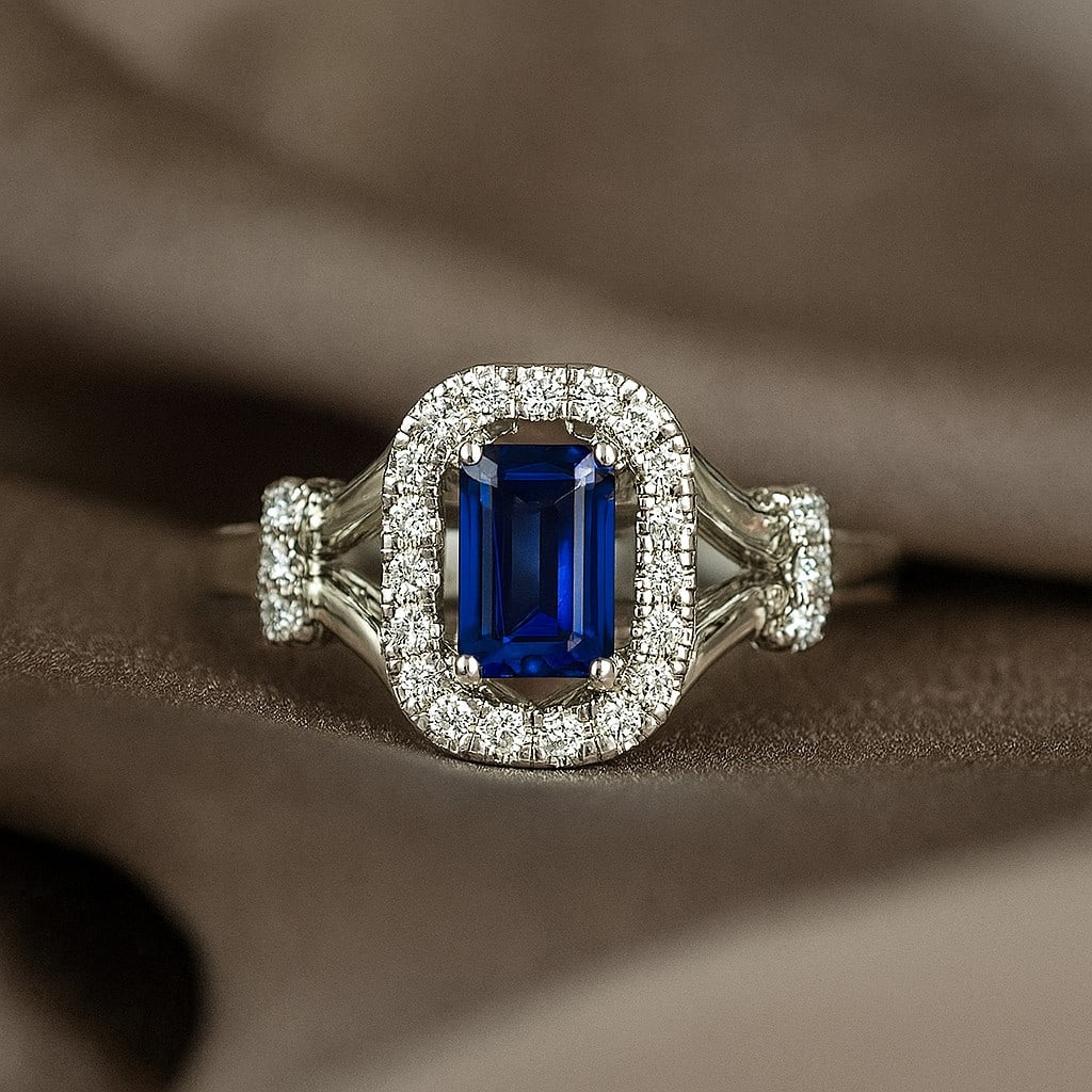 Natural Blue Sapphire Gemstone & Lab Grown Diamonds Silver Ring: Natural Blue Sapphire Gemstone & Lab Grown Diamonds Silver Ring Jewelry Type : Ring Gemstone : Natural Blue Sapphire Gemstone Shape : Emerald Gemstone Size : 6x4 MM Gemstone Quantity : 1 Piece<