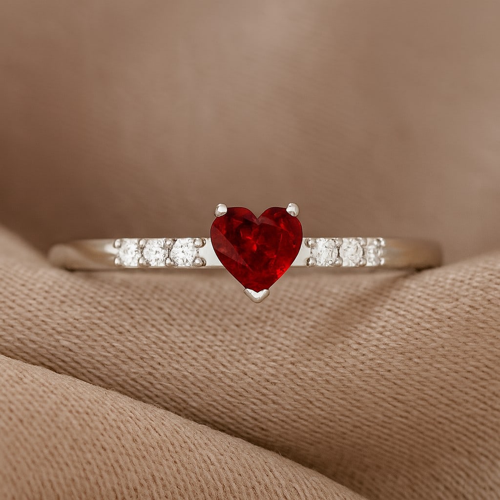 Natural Ruby Gemstone & Lab Grown Diamonds Silver Ring: Natural Ruby Gemstone & Lab Grown Diamonds Silver Ring Jewelry Type : Ring Gemstone : Natural Ruby Gemstone Shape : Heart Gemstone Size : 5 MM Gemstone Quantity : 1 Piece Diamond Type : L