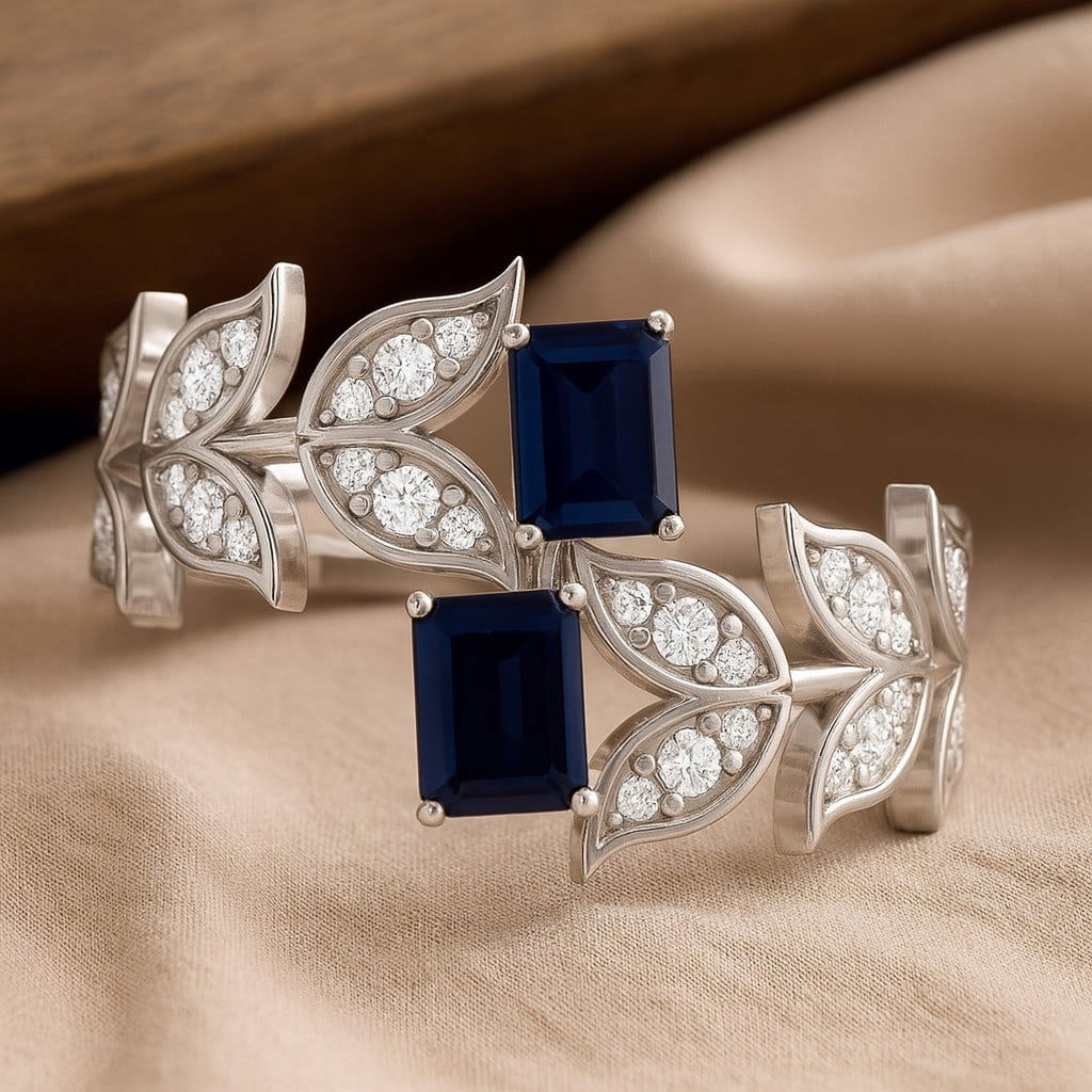 Natural Blue Sapphire Gemstone & Lab Grown Diamonds Silver Ring (1 of 6)