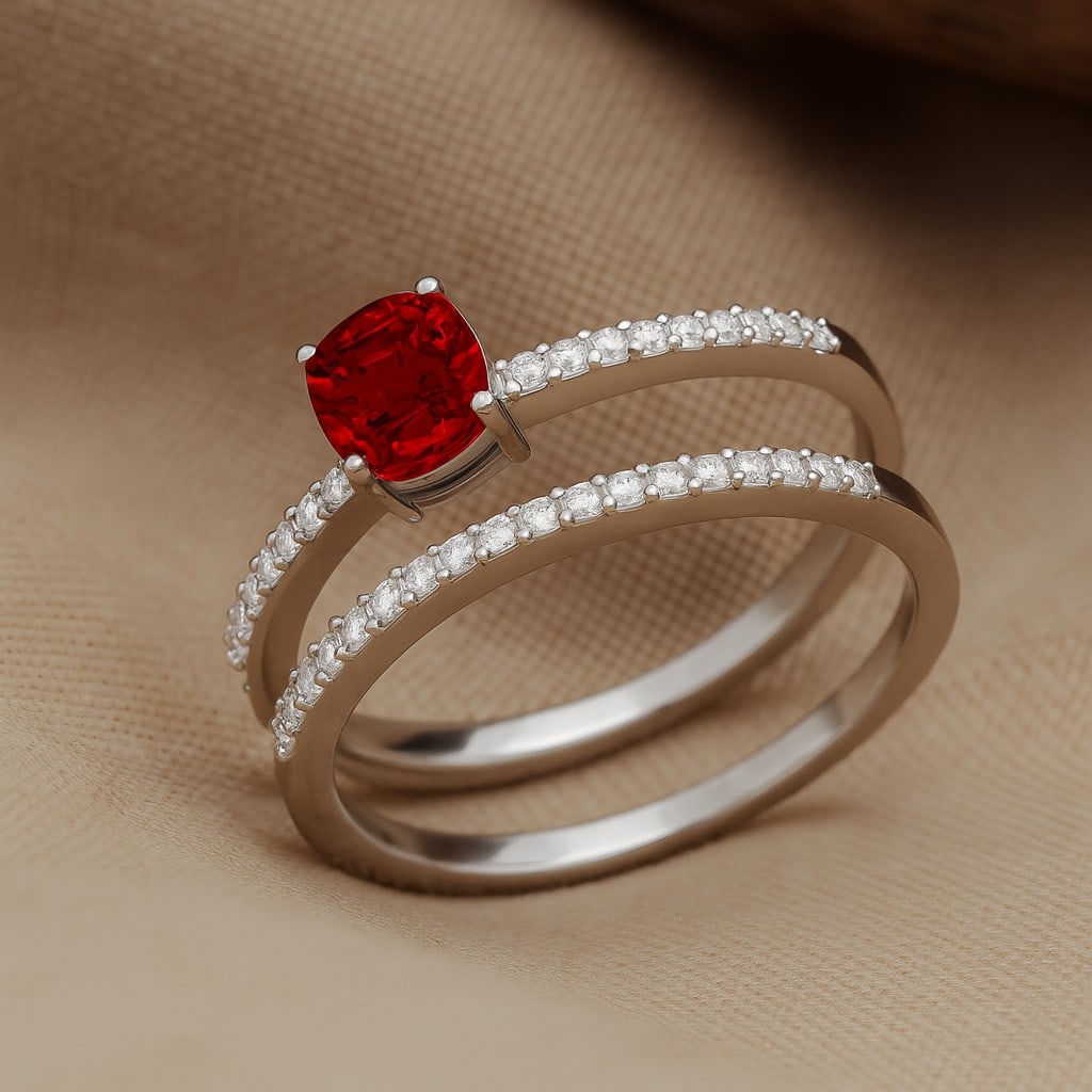 Natural Ruby Gemstone & Lab Grown Diamonds Silver Ring: Natural Ruby Gemstone & Lab Grown Diamonds Silver Ring Jewelry Type : Ring Gemstone : Natural Ruby Gemstone Shape : Cushion Square Gemstone Size : 5 MM Gemstone Quantity : 1 Piece Diamond Ty