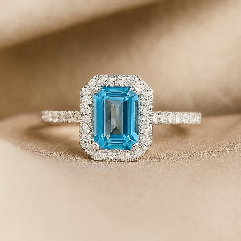 Natural Swiss Blue Topaz Gemstone & Lab Grown Diamonds Silver Ring: Natural Swiss Blue Topaz Gemstone & Lab Grown Diamonds Silver Ring Jewelry Type : Ring Gemstone : Natural Swiss Blue Topaz Gemstone Shape : Emerald Gemstone Size : 8x6 MM Gemstone Quantity : 1 Piec