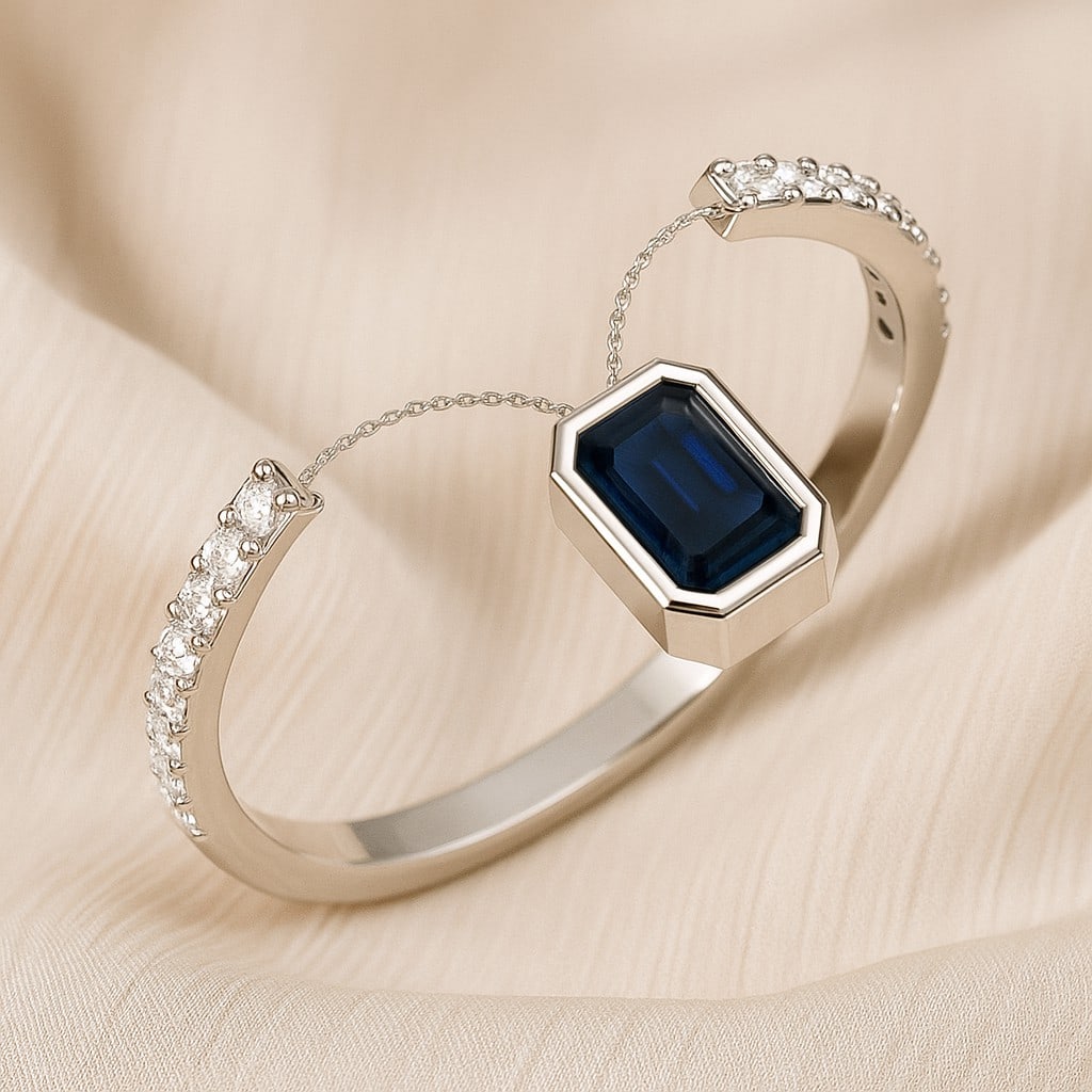 Natural Blue Sapphire Gemstone & Lab Grown Diamonds Silver Ring: Natural Blue Sapphire Gemstone & Lab Grown Diamonds Silver Ring Jewelry Type : Ring Gemstone : Natural Blue Sapphire Gemstone Shape : Emerald Gemstone Size : 5x3 MM Gemstone Quantity : 1 Piece<