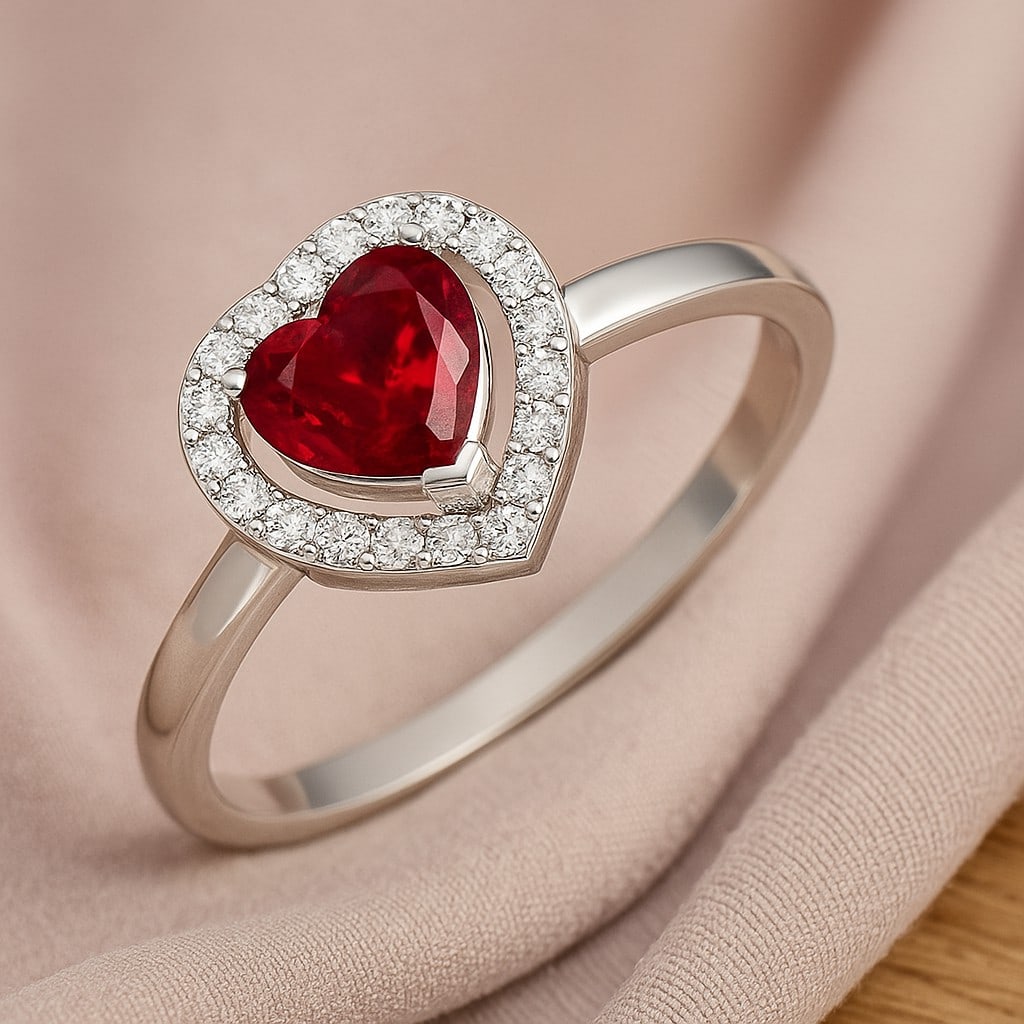 Natural Ruby Gemstone & Lab Grown Diamonds Silver Ring: Natural Ruby Gemstone & Lab Grown Diamonds Silver Ring Jewelry Type : Ring Gemstone : Natural Ruby Gemstone Shape : Heart Gemstone Size : 6 MM Gemstone Quantity : 1 Piece Diamond Type : L