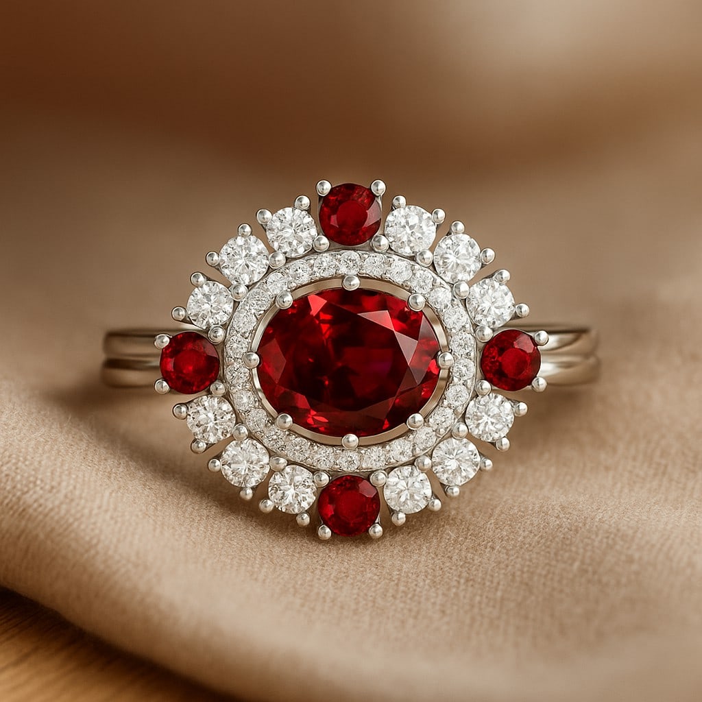 Natural Ruby Gemstone & Lab Grown Diamonds Silver Ring: Natural Ruby Gemstone & Lab Grown Diamonds Silver Ring Jewelry Type : Ring Gemstone : Natural Ruby Gemstone Shape : Oval, Round Gemstone Size : 8x6 MM, 2.5 MM Gemstone Quantity : 1 Piece, 4 Pieces<