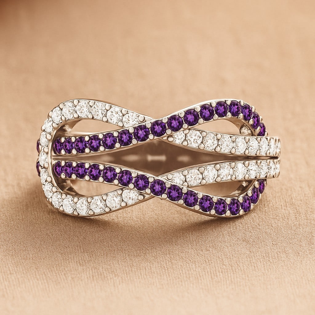 Natural Amethyst Gemstone & Lab Grown Diamonds Silver Ring: Natural Amethyst Gemstone & Lab Grown Diamonds Silver Ring Jewelry Type : Ring Gemstone : Natural Amethyst Gemstone Shape : Round Gemstone Size : 1.4 MM, 1.3MM, 1.1 MM Gemstone Quantity : 36,1 , 1