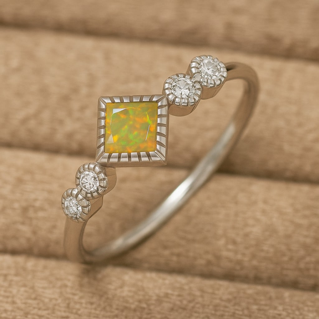 Natural Opal Gemstone & Lab Grown Diamonds Silver Ring: Natural Opal Gemstone & Lab Grown Diamonds Silver Ring Jewelry Type : Ring Gemstone : Natural Opal Gemstone Shape : Princess Gemstone Size : 4 MM Gemstone Quantity : 1 Piece Diamond Type : Lab Grown