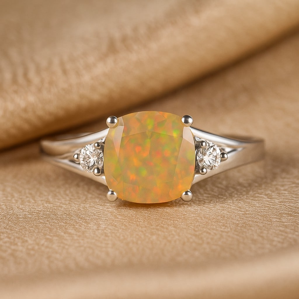 Natural Opal Gemstone & Lab Grown Diamonds Silver Ring: Natural Opal Gemstone & Lab Grown Diamonds Silver Ring Jewelry Type : Ring Gemstone : Natural Opal Gemstone Shape : Cushion Square Gemstone Size : 8 MM Gemstone Quantity : 1 Piece Diamond Type : Lab
