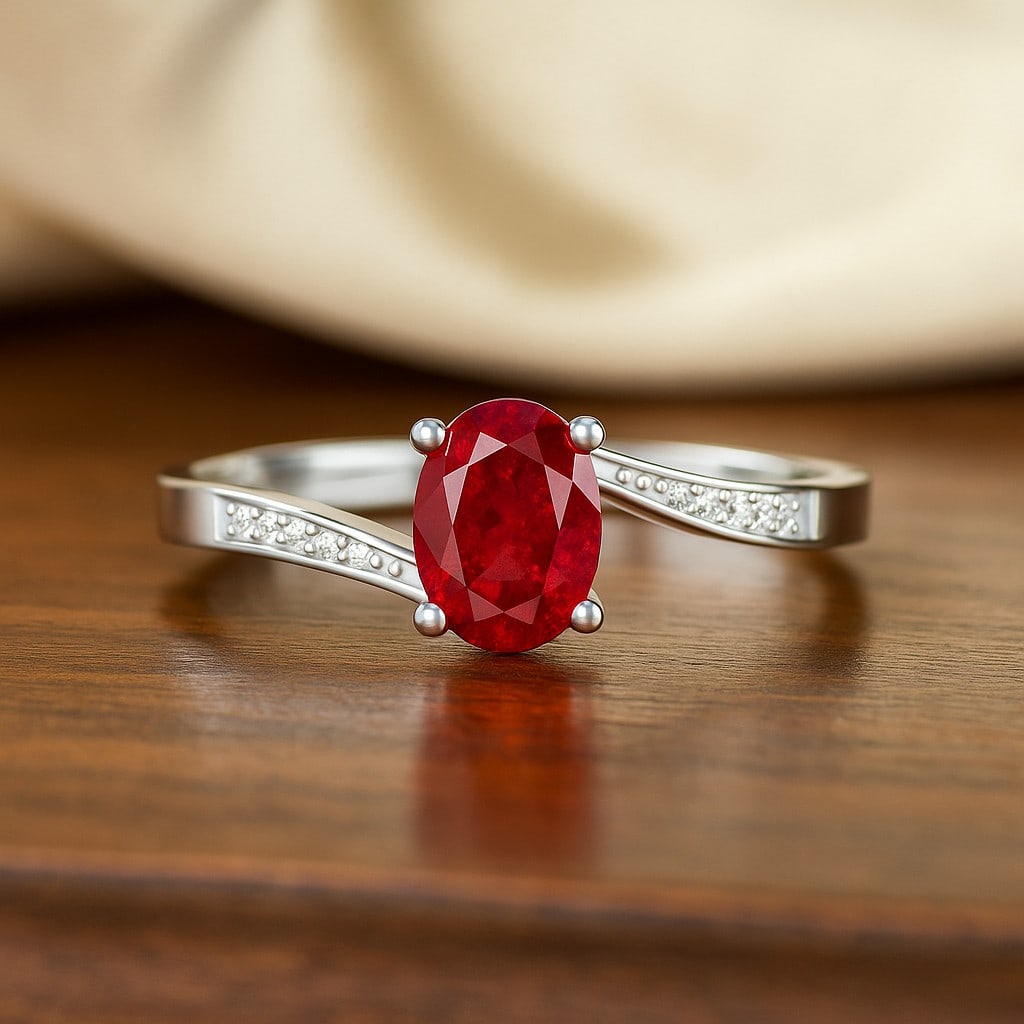 Natural Ruby Gemstone & Lab Grown Diamonds Silver Ring: Natural Ruby Gemstone & Lab Grown Diamonds Silver Ring Jewelry Type : Ring Gemstone : Natural Ruby Gemstone Shape : Oval Gemstone Size : 7x5 MM Gemstone Quantity : 1 Piece Diamond Type : Lab Grown
