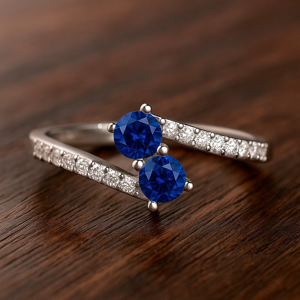 Natural Blue Sapphire Gemstone & Lab Grown Diamonds Silver Ring (1 of 7)