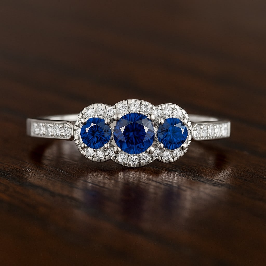 Natural Blue Sapphire Gemstone & Lab Grown Diamonds Silver Ring: Natural Blue Sapphire Gemstone & Lab Grown Diamonds Silver Ring Jewelry Type : Ring Gemstone : Natural Blue Sapphire Gemstone Shape : Round Gemstone Size : 4 MM, 3MM Gemstone Quantity : 1 Piece, 2