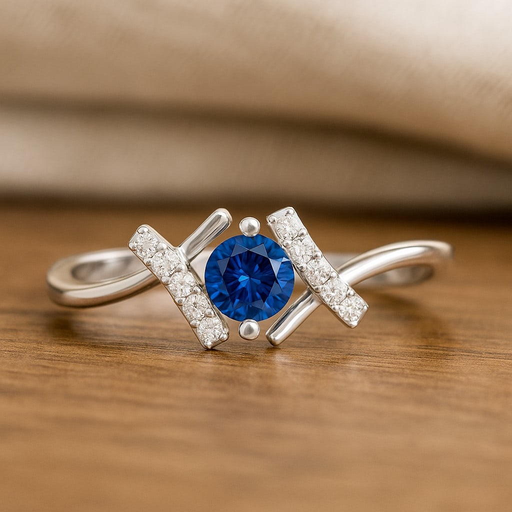 Natural Blue Sapphire Gemstone & Lab Grown Diamonds Silver Ring: Natural Blue Sapphire Gemstone & Lab Grown Diamonds Silver Ring Jewelry Type : Ring Gemstone : Natural Blue Sapphire Gemstone Shape : Round Gemstone Size : 4.5 MM Gemstone Quantity : 1 Piece
