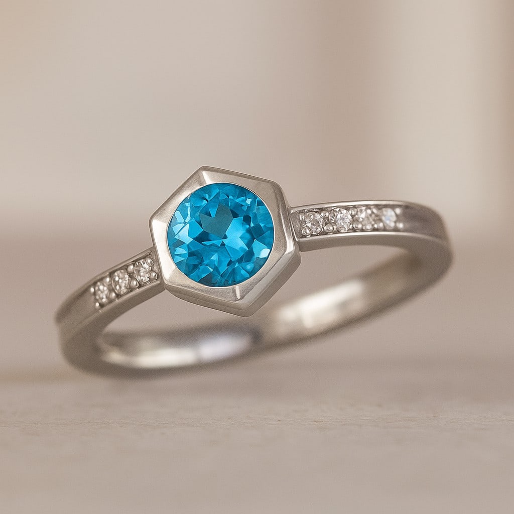 Natural Swiss Blue Topaz Gemstone & Lab Grown Diamonds Silver Ring: Natural Swiss Blue Topaz Gemstone & Lab Grown Diamonds Silver Ring Jewelry Type : Ring Gemstone : Natural Swiss Blue Topaz Gemstone Shape : Round Gemstone Size : 5 MM Gemstone Quantity : 1 Piece