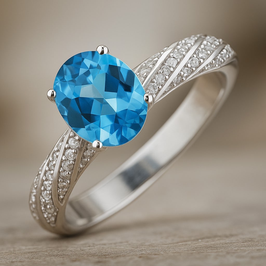 Natural Swiss Blue Topaz Gemstone & Lab Grown Diamonds Silver Ring: Natural Swiss Blue Topaz Gemstone & Lab Grown Diamonds Silver Ring Jewelry Type : Ring Gemstone : Natural Swiss Blue Topaz Gemstone Shape : Oval Gemstone Size : 8x6 MM Gemstone Quantity : 1 Piece</