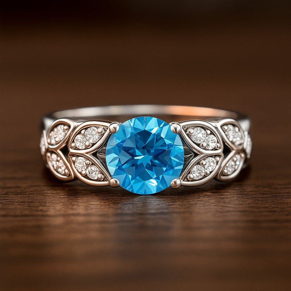 Natural Swiss Blue Topaz Gemstone & Lab Grown Diamonds Silver Ring: Natural Swiss Blue Topaz Gemstone & Lab Grown Diamonds Silver Ring Jewelry Type : Ring Gemstone : Natural Swiss Blue Topaz Gemstone Shape : Round Gemstone Size : 7 MM Gemstone Quantity : 1 Piece
