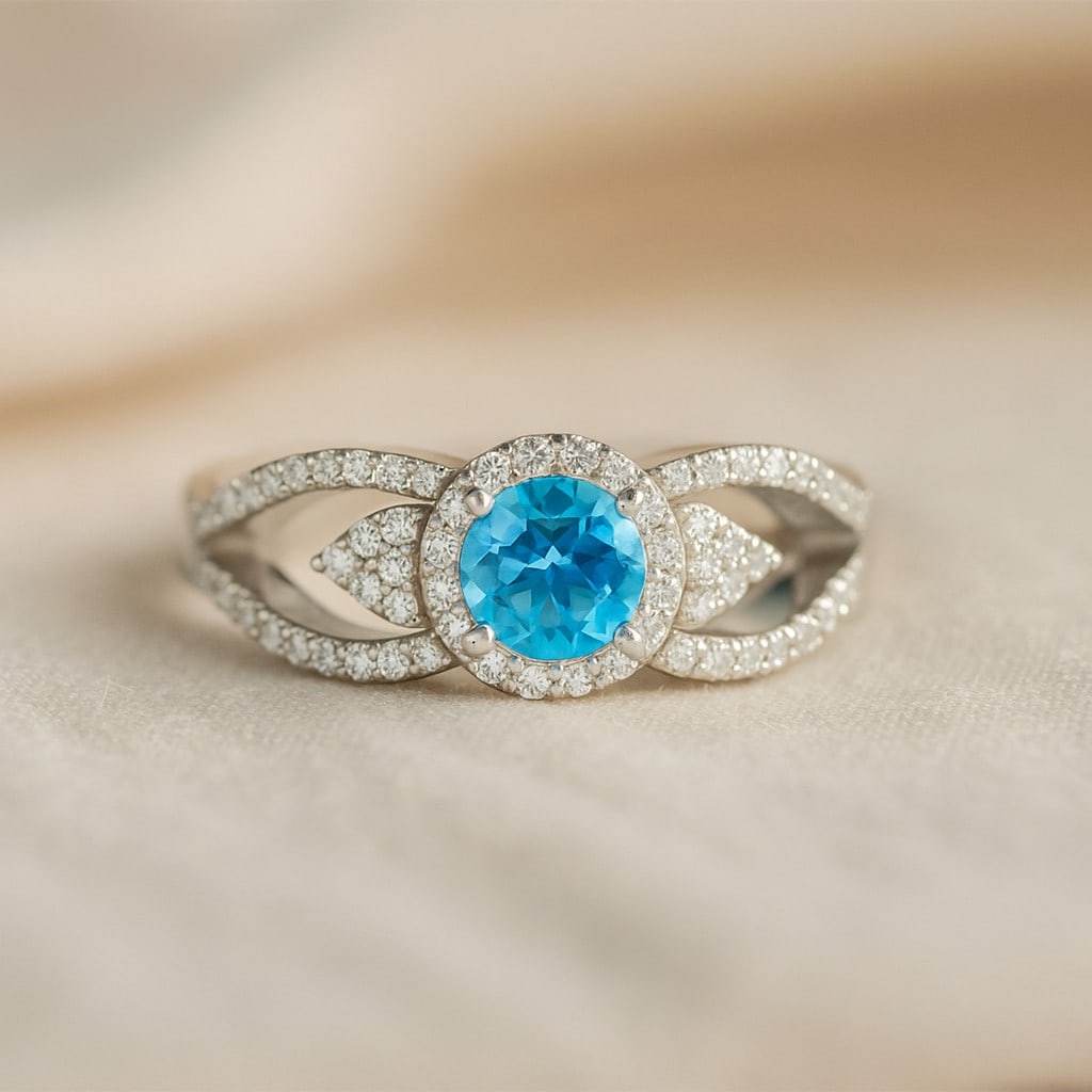 Natural Swiss Blue Topaz Gemstone & Lab Grown Diamonds Silver Ring: Natural Swiss Blue Topaz Gemstone & Lab Grown Diamonds Silver Ring Jewelry Type : Ring Gemstone : Natural Swiss Blue Topaz Gemstone Shape : Round Gemstone Size : 5MM Gemstone Quantity : 1 Piece