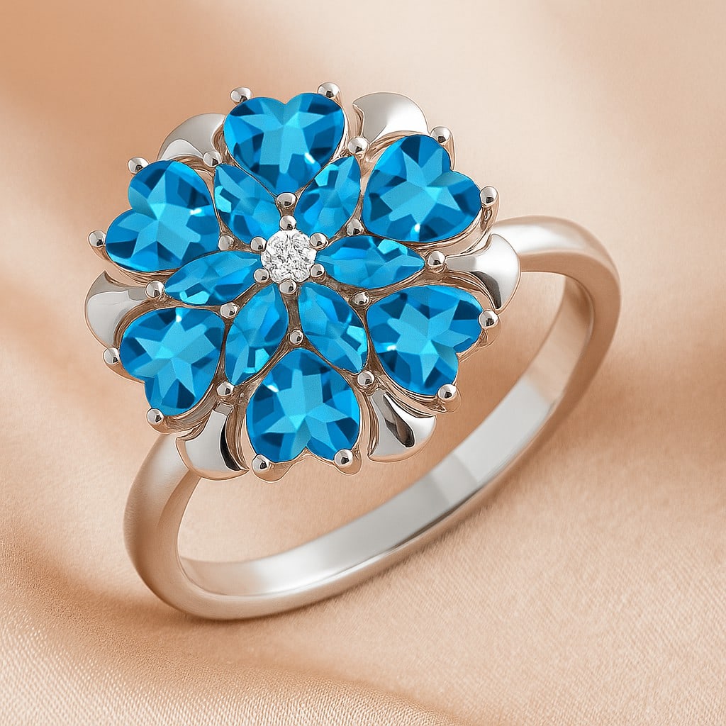 Natural Swiss Blue Topaz Gemstone & Lab Grown Diamonds Silver Ring (1 of 7)