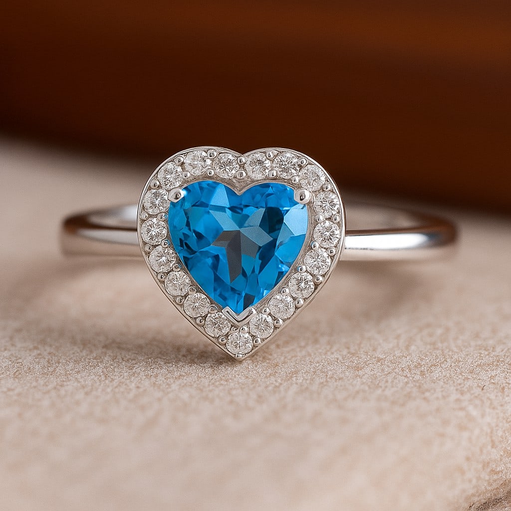 Natural Swiss Blue Topaz Gemstone & Lab Grown Diamonds Silver Ring: Natural Swiss Blue Topaz Gemstone & Lab Grown Diamonds Silver Ring Jewelry Type : Ring Gemstone : Natural Swiss Blue Topaz Gemstone Shape : Heart Gemstone Size : 6 MM Gemstone Quantity : 1 Piece