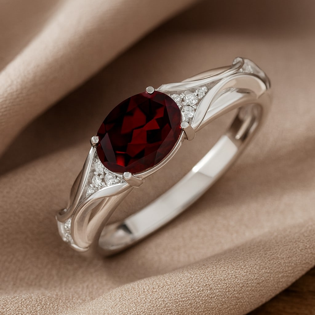 Natural Garnet Gemstone & Lab Grown Diamonds Silver Ring (1 of 7)