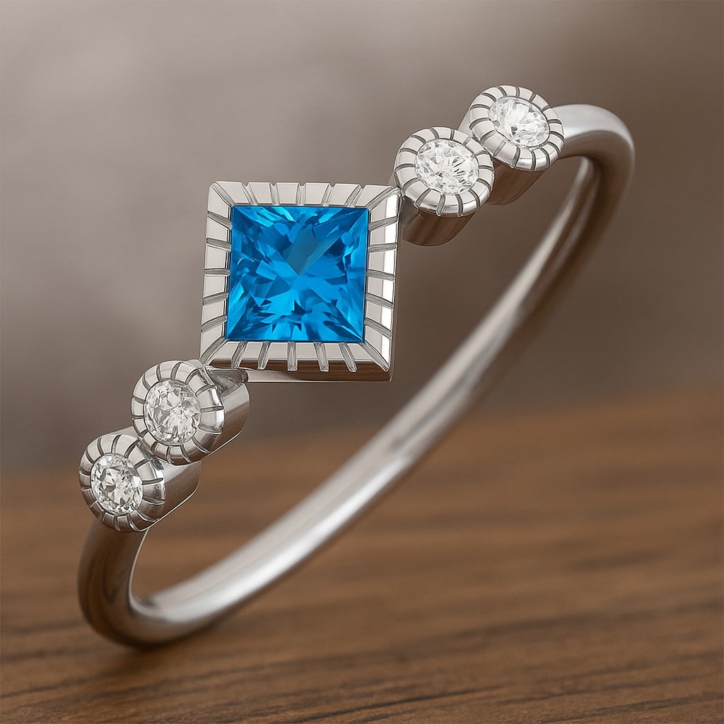 Natural Swiss Blue Topaz Gemstone & Lab Grown Diamonds Silver Ring: Natural Swiss Blue Topaz Gemstone & Lab Grown Diamonds Silver Ring Jewelry Type : Ring Gemstone : Natural Swiss Blue Topaz Gemstone Shape : Princess Gemstone Size : 4 MM Gemstone Quantity : 1 Piece