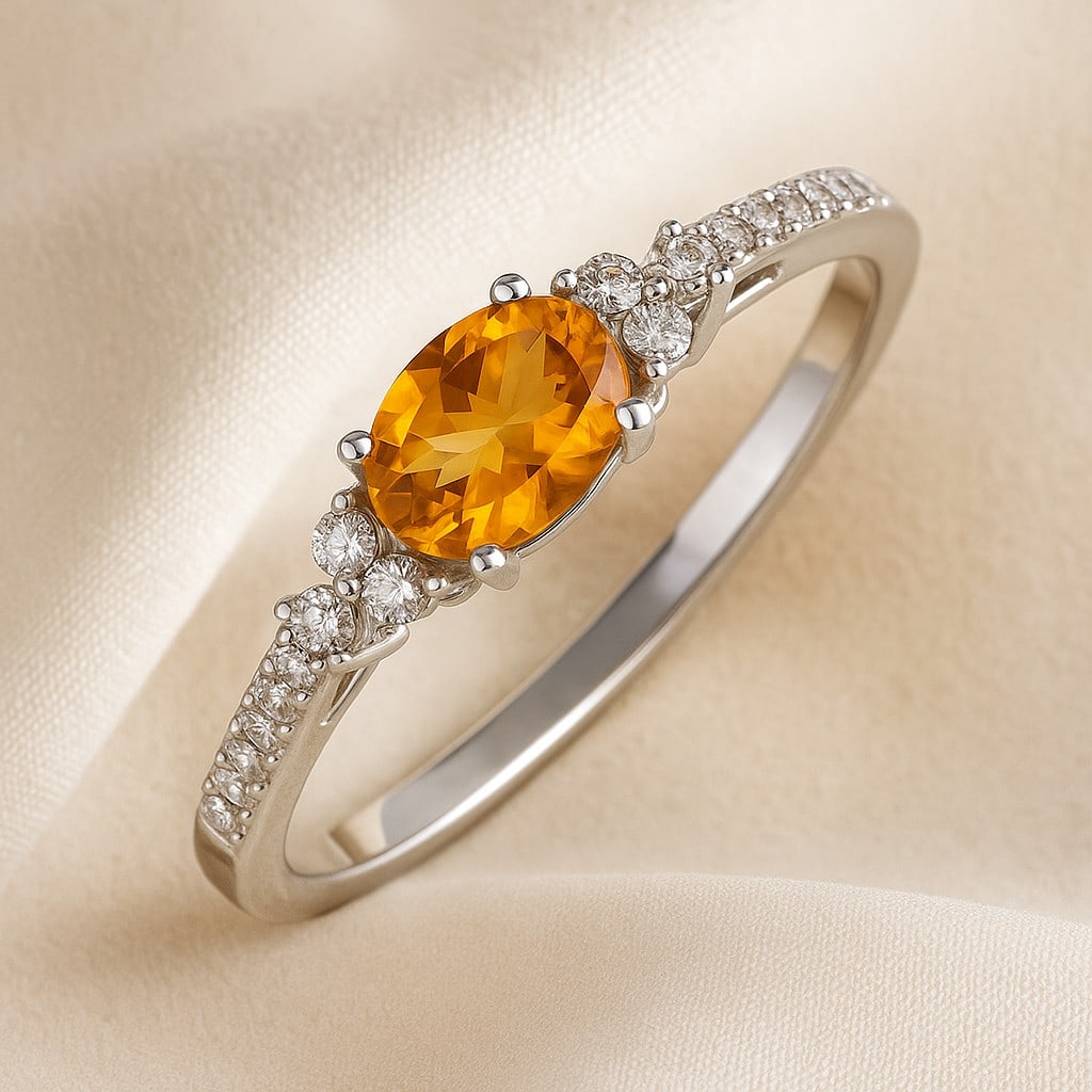 Natural Citrine Gemstone & Lab Grown Diamonds Silver Ring (1 of 7)