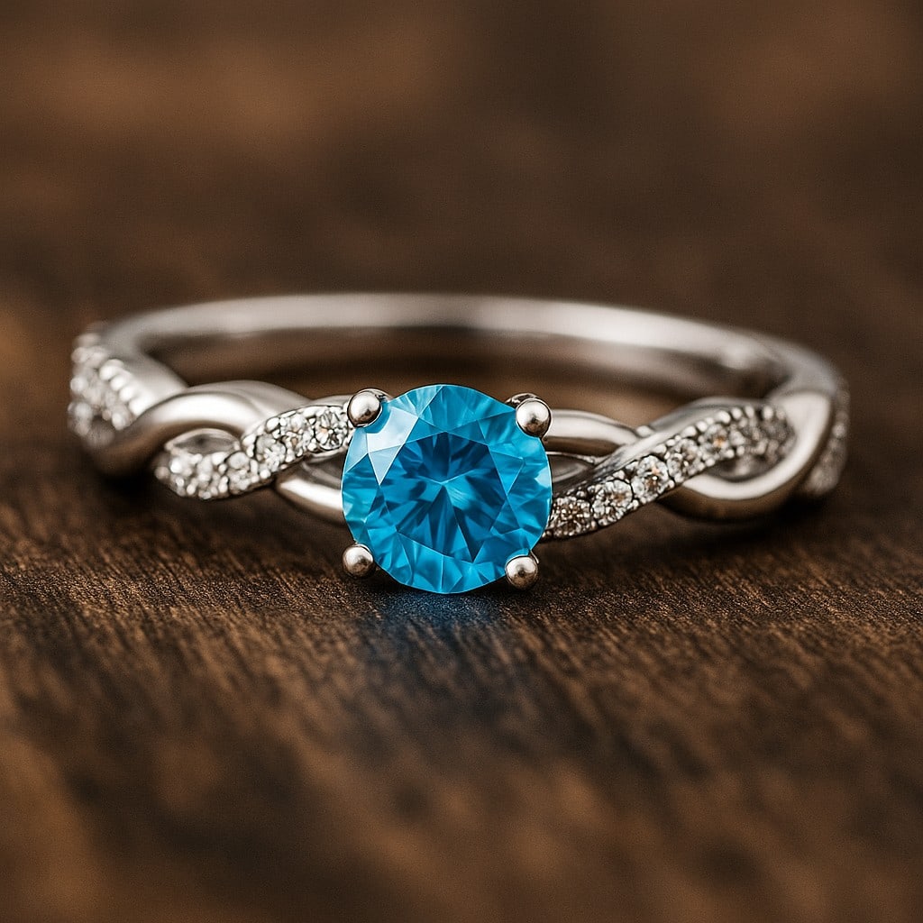 Natural swiss Blue Topaz Gemstone & Lab Grown Diamonds Silver Ring: Natural swiss Blue Topaz Gemstone & Lab Grown Diamonds Silver Ring Jewelry Type : Ring Gemstone : Natural swiss Blue Topaz Gemstone Shape : Round Gemstone Size : 5 MM Gemstone Quantity : 1 Piece