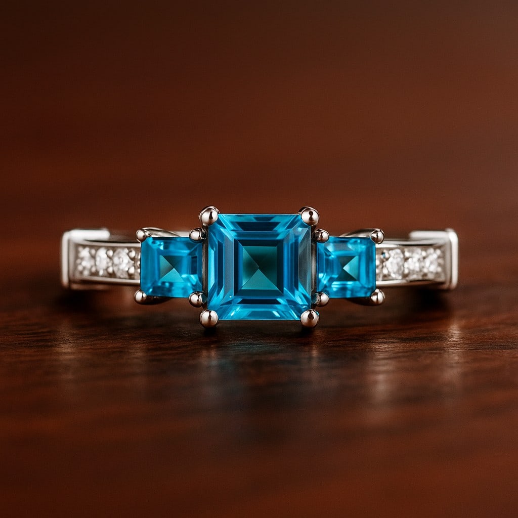 Natural Swiss Blue Topaz Gemstone & Lab Grown Diamonds Silver Ring: Natural Swiss Blue Topaz Gemstone & Lab Grown Diamonds Silver Ring Jewelry Type : Ring Gemstone : Natural Swiss Blue Topaz Gemstone Shape : Princess Gemstone Size : 5 MM, 3MM Gemstone Quantity : 1