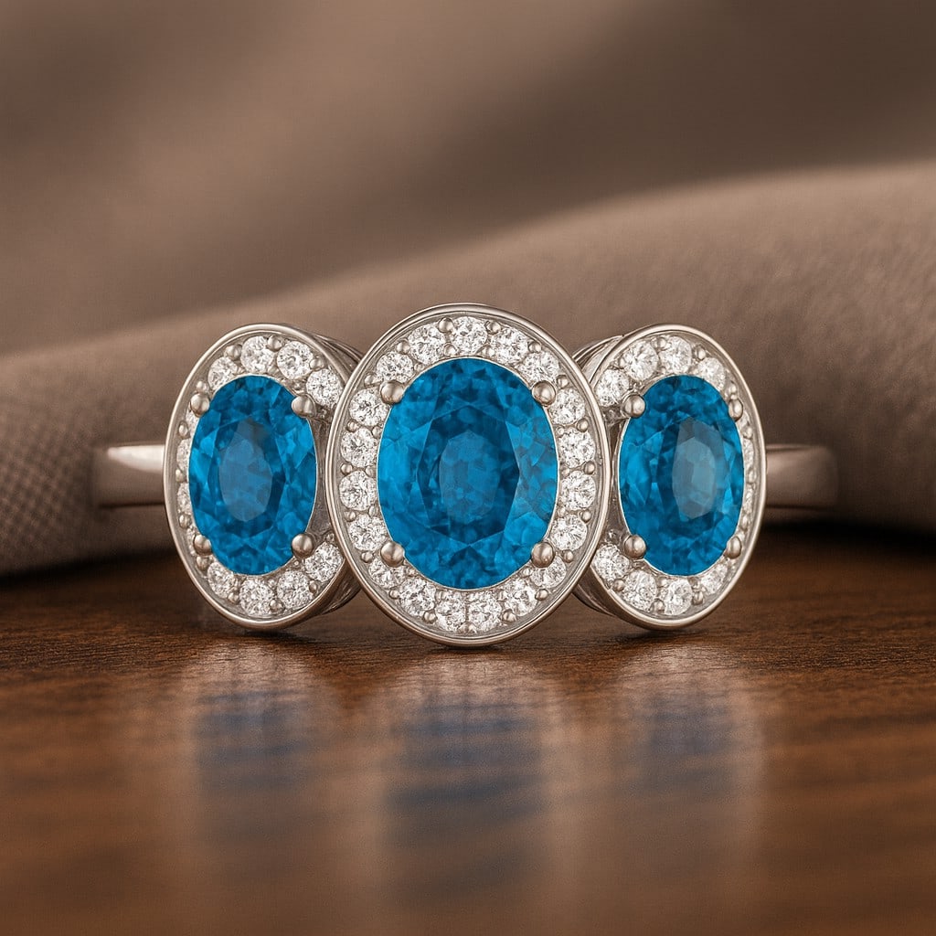 Natural Swiss Blue Topaz Gemstone & Lab Grown Diamonds Silver Ring: Natural Swiss Blue Topaz Gemstone & Lab Grown Diamonds Silver Ring Jewelry Type : Ring Gemstone : Natural Swiss Blue Topaz Gemstone Shape : Oval Gemstone Size : 7x5 MM, 6x4 MM Gemstone Quantity : 1