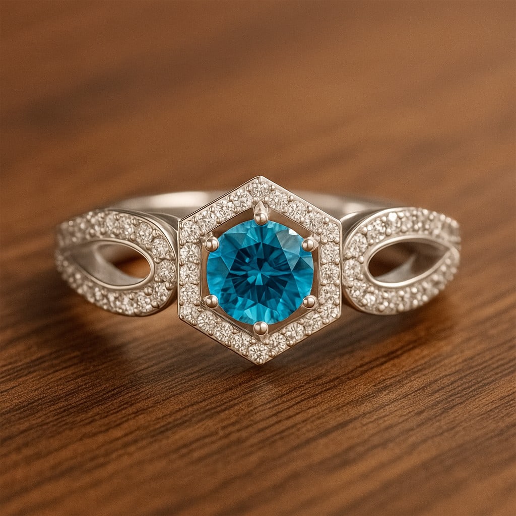 Natural Swiss Blue Topaz Gemstone & Lab Grown Diamonds Silver Ring: Natural Swiss Blue Topaz Gemstone & Lab Grown Diamonds Silver Ring Jewelry Type : Ring Gemstone : Natural Swiss Blue Topaz Gemstone Shape : Round Gemstone Size : 5 MM Gemstone Quantity : 1 Piece