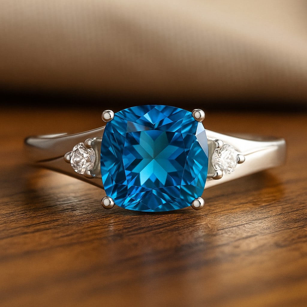 Natural Swiss Blue Topaz Gemstone & Lab Grown Diamonds Silver Ring: Natural Swiss Blue Topaz Gemstone & Lab Grown Diamonds Silver Ring Jewelry Type : Ring Gemstone : Natural Swiss Blue Topaz Gemstone Shape : Cushion Square Gemstone Size : 8 MM Gemstone Quantity : 1