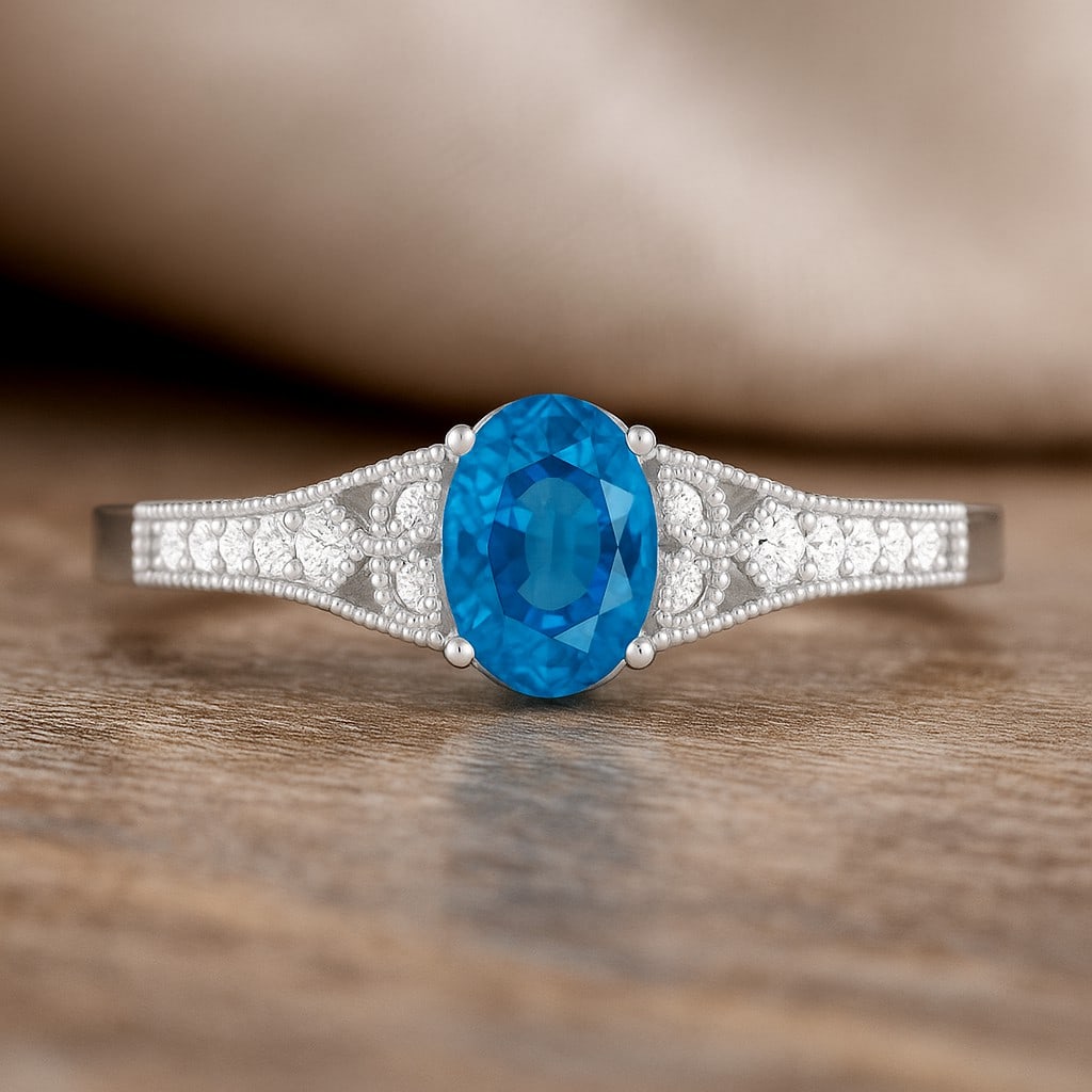 Natural Swiss Blue Topaz Gemstone & Lab Grown Diamonds Silver Ring: Natural Swiss Blue Topaz Gemstone & Lab Grown Diamonds Silver Ring Jewelry Type : Ring Gemstone : Natural Swiss Blue Topaz Gemstone Shape : Oval Gemstone Size : 7x5 MM Gemstone Quantity : 1 Piece</