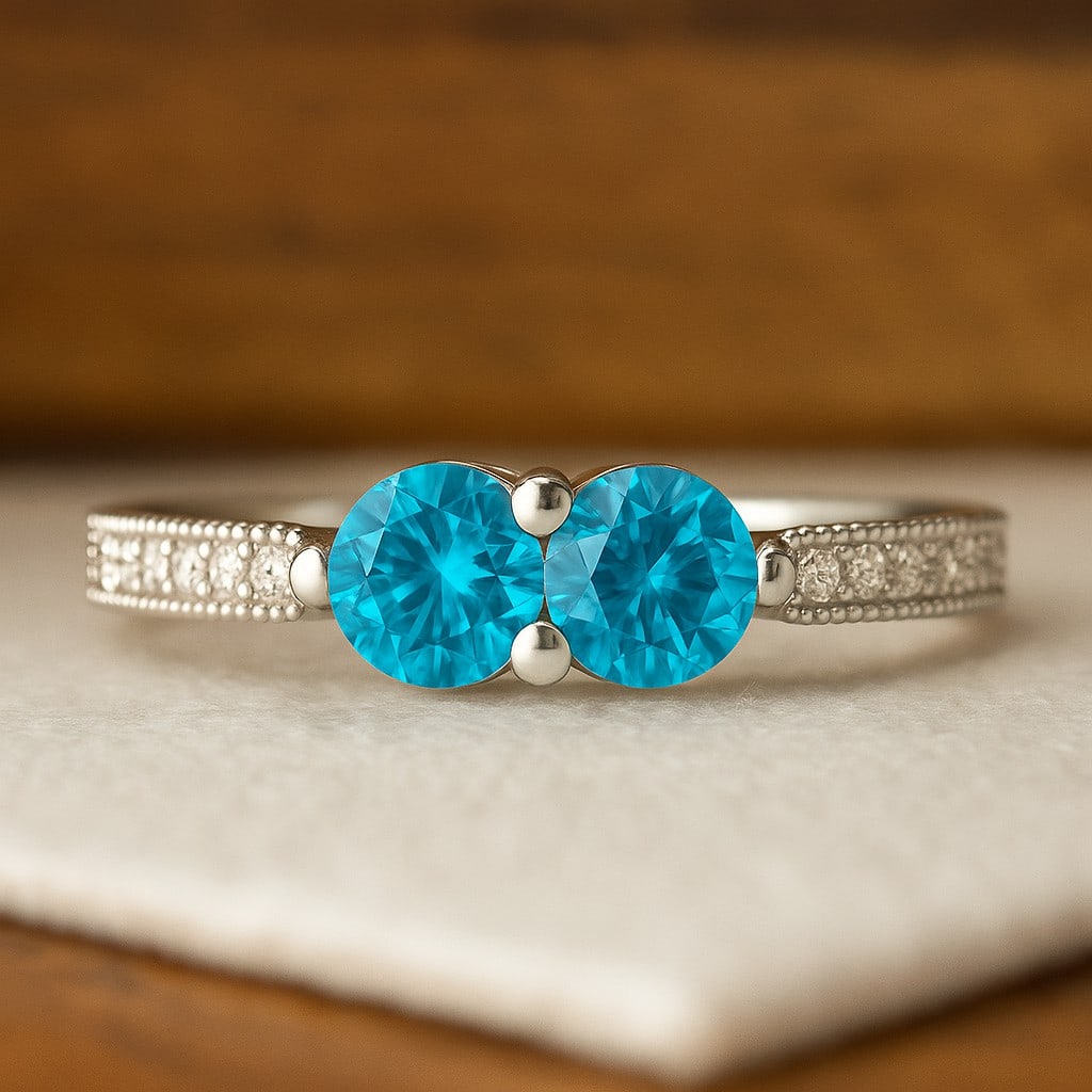 Natural Swiss Blue Topaz Gemstone & Lab Grown Diamonds Silver Ring: Natural Swiss Blue Topaz Gemstone & Lab Grown Diamonds Silver Ring Jewelry Type : Ring Gemstone : Natural Swiss Blue Topaz Gemstone Shape : Round Gemstone Size : 4 MM Gemstone Quantity : 2 Pieces</