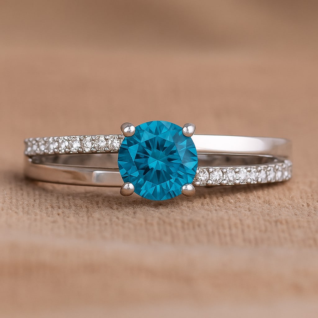 Natural Swiss Blue Topaz Gemstone & Lab Grown Diamonds Silver Ring: Natural Swiss Blue Topaz Gemstone & Lab Grown Diamonds Silver Ring Jewelry Type : Ring Gemstone : Natural Swiss Blue Topaz Gemstone Shape : Round Gemstone Size : 6 MM Gemstone Quantity : 1 Piece