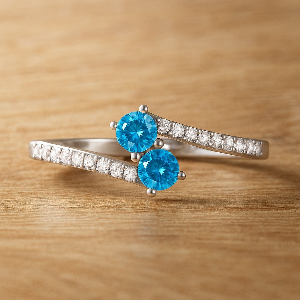 Natural Swiss Blue Topaz Gemstone & Lab Grown Diamonds Silver Ring: Natural Swiss Blue Topaz Gemstone & Lab Grown Diamonds Silver Ring Jewelry Type : Ring Gemstone : Natural Swiss Blue Topaz Gemstone Shape : Round Gemstone Size : 3.5 MM Gemstone Quantity : 2 Pieces