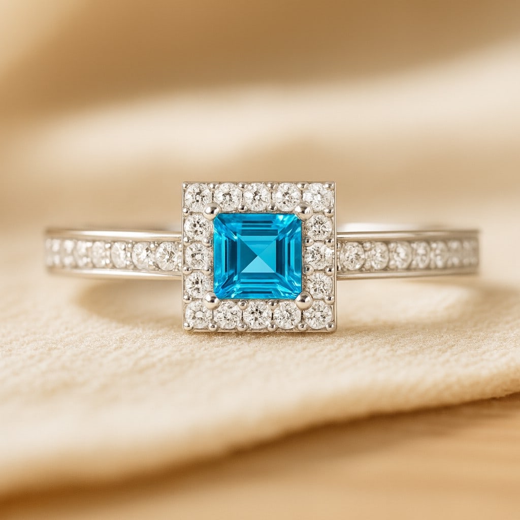 Natural Swiss Blue Topaz Gemstone & Lab Grown Diamonds Silver Ring: Natural Swiss Blue Topaz Gemstone & Lab Grown Diamonds Silver Ring Jewelry Type : Ring Gemstone : Natural Swiss Blue Topaz Gemstone Shape : Princess Gemstone Size : 4 MM Gemstone Quantity : 1 Piece