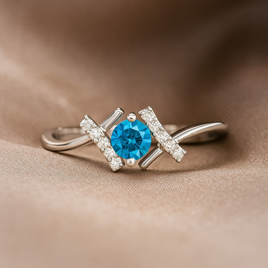 Natural Swiss Blue Topaz Gemstone & Lab Grown Diamonds Silver Ring: Natural Swiss Blue Topaz Gemstone & Lab Grown Diamonds Silver Ring Jewelry Type : Ring Gemstone : Natural Swiss Blue Topaz Gemstone Shape : Round Gemstone Size : 4.5 MM Gemstone Quantity : 1 Piece<