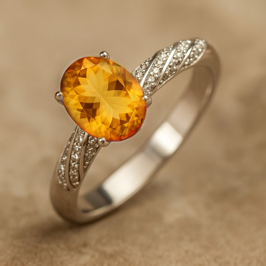 Natural Citrine Gemstone & Lab Grown Diamonds Silver Ring (1 of 7)