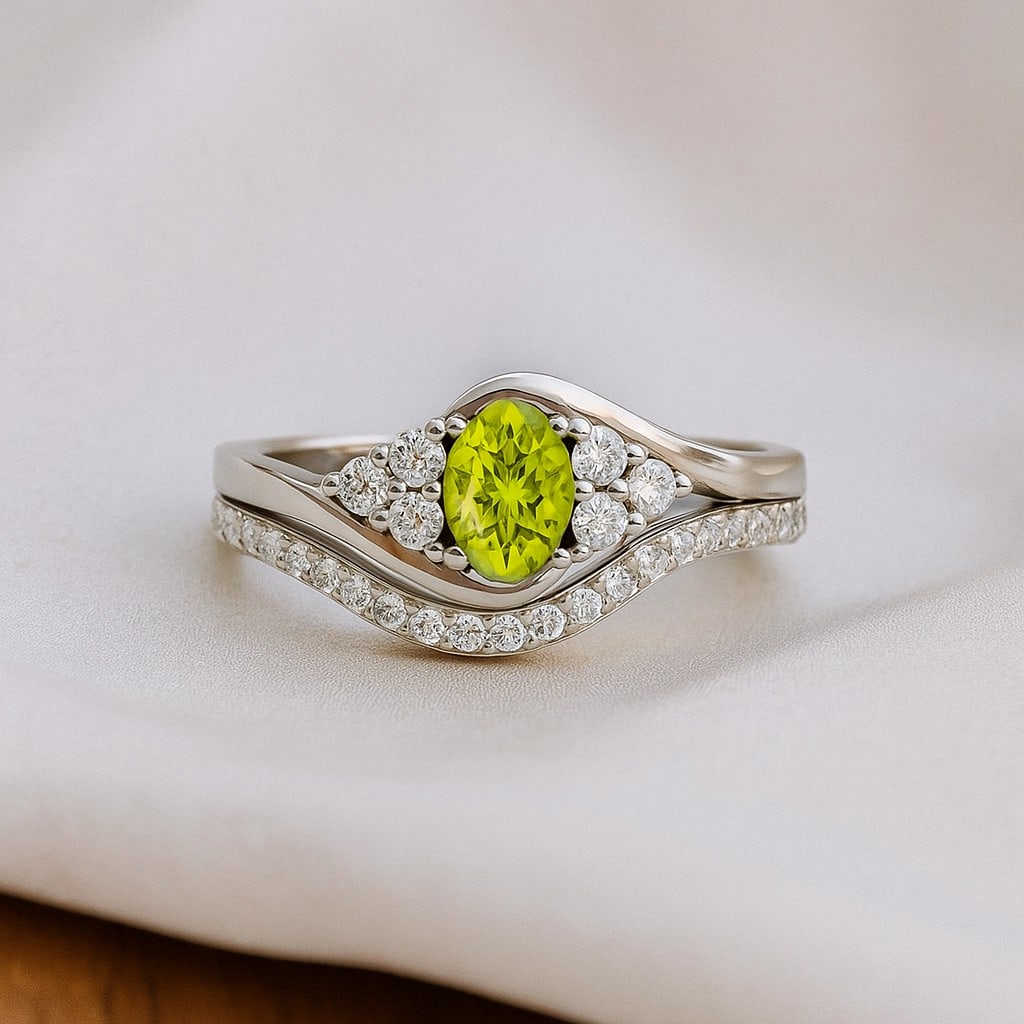 Natural Peridot Gemstone & Lab Grown Diamonds Silver Ring (1 of 7)