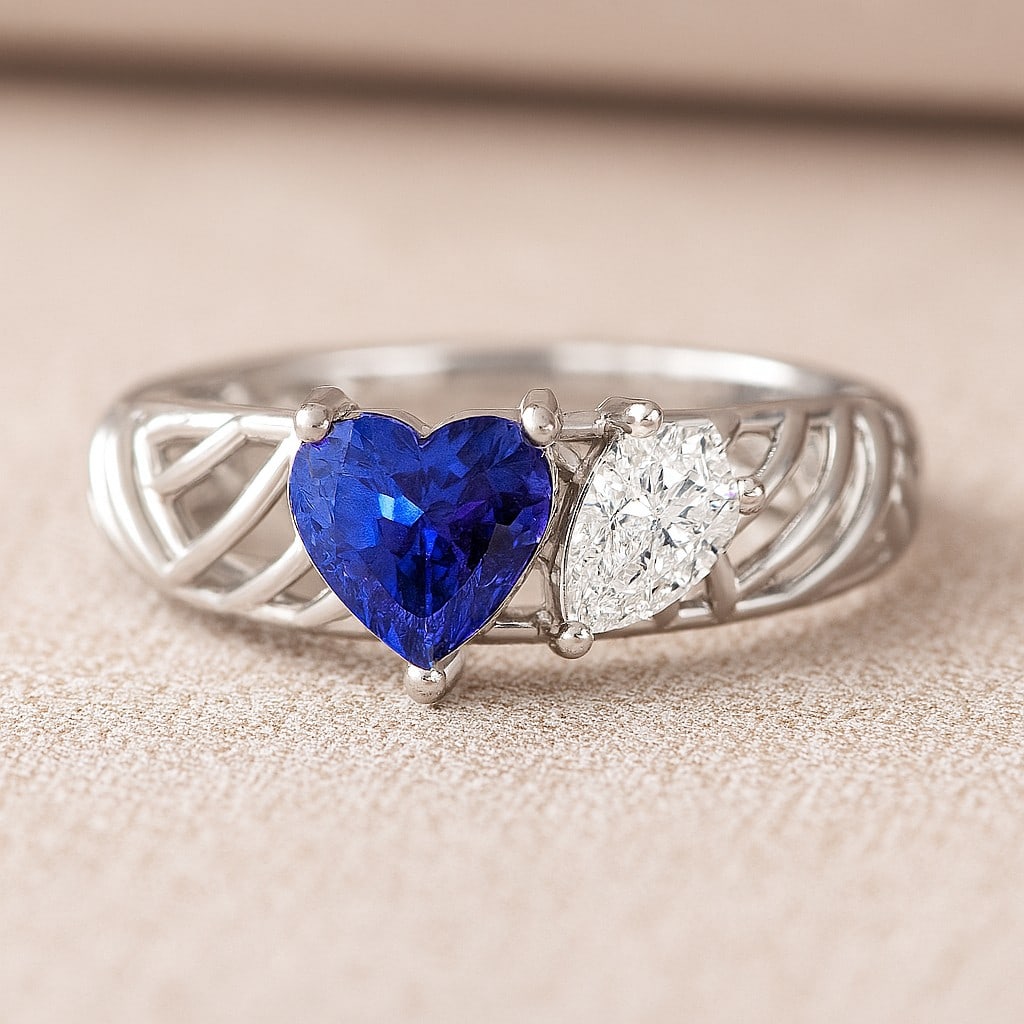 Natural Tanzanite Gemstone & Lab Grown Diamonds Silver Ring: Natural Tanzanite Gemstone & Lab Grown Diamonds Silver Ring Jewelry Type : Ring Gemstone : Natural Tanzanite Gemstone Shape : Heart Gemstone Size : 6 MM Gemstone Quantity : 1 Piece Diamond T