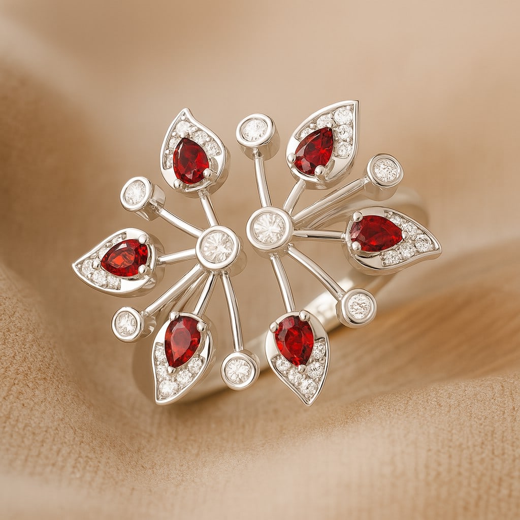 Natural Garnet Gemstone & Lab Grown Diamonds Silver Ring (1 of 7)