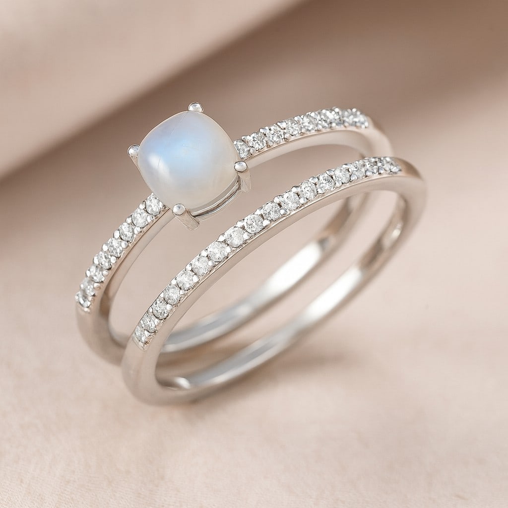 Natural Moonstone Gemstone & Lab Grown Diamonds Silver Ring (1 of 7)